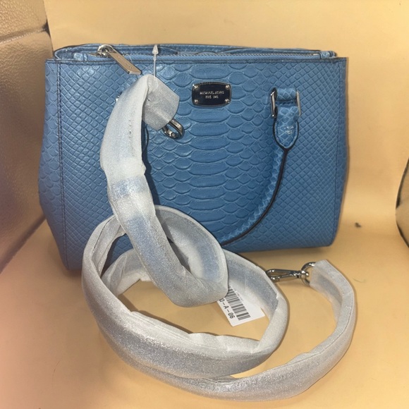 NWT MICHAEL KORS KELLEN SKY BLUE EMBOSSED Medium SATCHEL LEATHER MSRP $328 - Picture 2 of 14